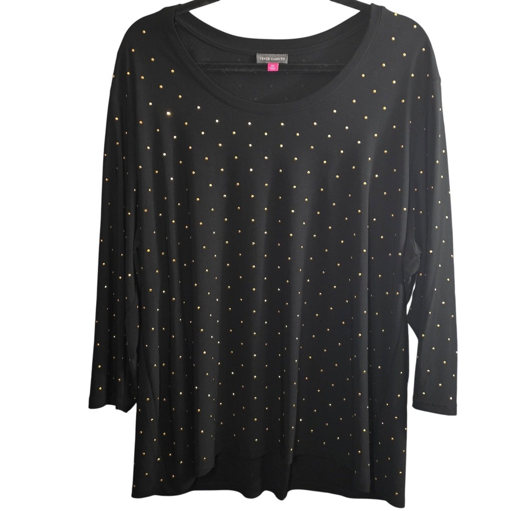 Vince Camuto Studded Tunic Top Plus Size 3X XXX Black Gold 3/4 Sleeve Scoop Neck